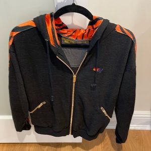 NWOT Aviator Nation black with orange Tiger Stripe relaxed hoodie with pockets